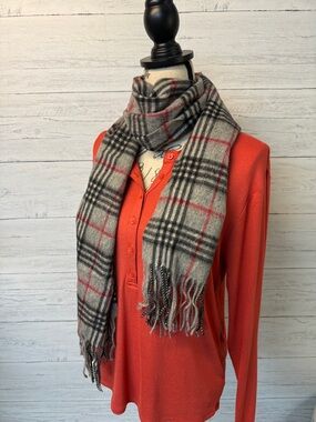 NWT Gray Plaid Fringe Scarf with Red Accents by O-My-Cashmere